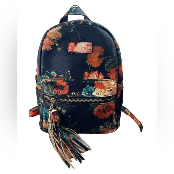 Bebe Bag Black Pink Floral Melissa Medium Studded Vegan Small Backpack - Picture 1 of 7